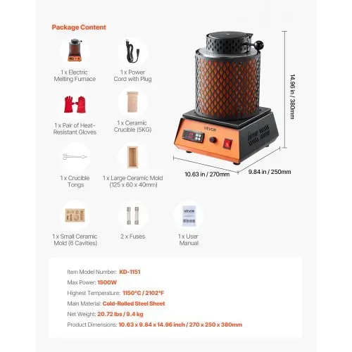 VEVOR digitaler Goldschmelzofen Maschine mit 5 kg Keramiktiegel, elektrischer Schmelzofen 1500 W max. 1150 ℃, Metallschmelzofen Set für Schmuckherstellung Metallbarren Metallkomponenten Schwarz – Bild 6