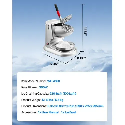 VEVOR Kommerzieller Eiscrusher 100 kg pro Stunde, elektrischer Schneekegel-Maker mit 4 Klingen, Edelstahl-Eiscrusher mit Schüssel & Abdeckung 300 W 2000 U/min, Eisrasierer Silber – Bild 6