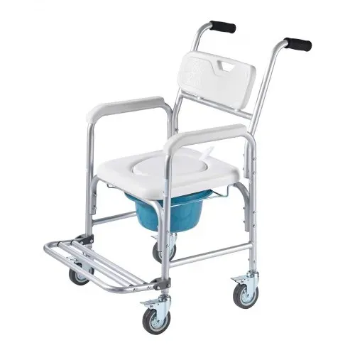 VEVOR Nachttoilettenstuhl 159 kg belastbar, rollbare Toilettensitzerhöhung mit gepolsterter Sitzfläche/Rückenlehne/hochklappbarer Fußstütze, abnehmbarer 5 L Eimer, Duschrollstuhl für Senioren – Bild 8