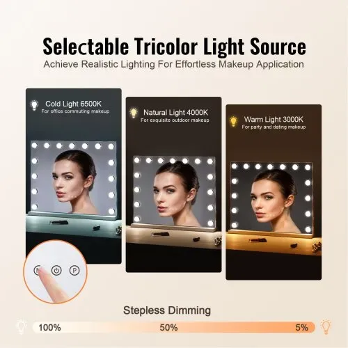 VEVOR Hollywood Schminkspiegel mit Beleuchtung, 15 dimmbare Glühbirnen & 3 Farbbeleuchtungsmodi, Kosmetikspiegel mit abnehmbarer 5-facher Vergrößerung, USB-Anschluss, Smart-Touch-Steuerung, 580x458mm VEVOR Hollywood Schminkspiegel mit Beleuchtung, 15 dimmbare Glühbirnen & 3 Farbbeleuchtungsmodi, Kosmetikspiegel mit abnehmbarer 5-facher Vergrößerung, USB-Anschluss, Smart-Touch-Steuerung, 580x458mm