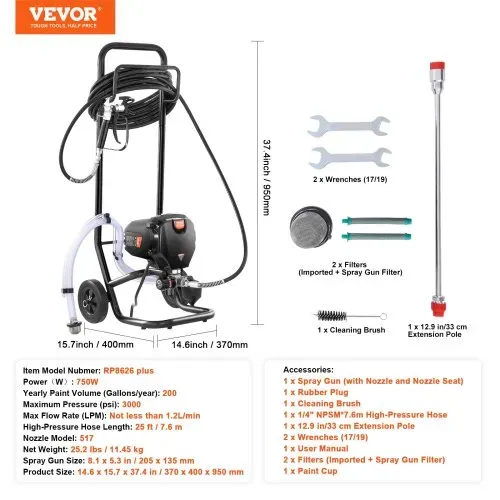 VEVOR Rollbares Airless-Farbspritzgerät, 750 W, 3000 psi, Hocheffizientes Elektrisches Spritzgerät, Farbspritzgeräte Spritzlackiermaschine Hochdruck-Airless-Farbsprühsystem mit 15 m Schlauchlänge – Bild 6