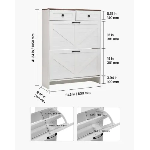 VEVOR Schuhschrank mit 2 Klappen & Kippschutz & Schubladen, platzsparender Schuhkipper, freistehender Schuhregal-Organizer für den Eingang Flur Wohnzimmer Veranda, Schuhregal 80x24x105 cm Weiß – Bild 6