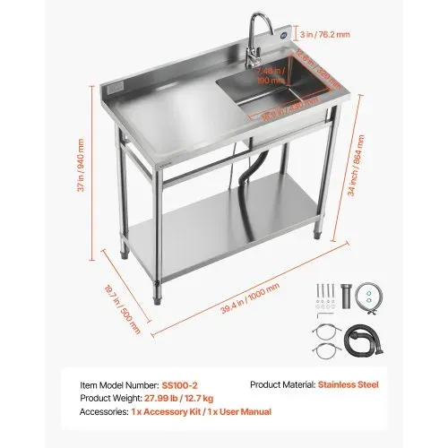 VEVOR Spültisch Spülbecken Edelstahl (100 x 50 x 94 cm), Einzelbecken mit Wasserhahn & Ablage, Küchenspüle für Garage Restaurant Wäscherei, Waschtisch Außenspüle mit Arbeitsplatte (links) – Bild 6