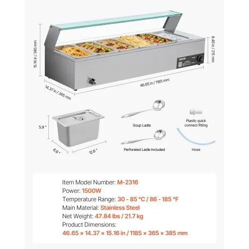 VEVOR kommerzieller Speisenwärmer (6 x 1/3 Größe Behälter), 1,5 kW elektrischer Wärmebehälter aus Edelstahl mit Glasabdeckung & Suppenkelle, Chafing Dishes für Catering Restaurant Party – Bild 6