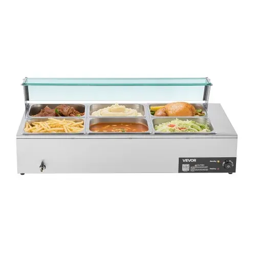 VEVOR kommerzieller Speisenwärmer (6 x 1/2 Größe Behälter), 1,5 kW elektrischer Wärmebehälter aus Edelstahl mit Glasabdeckung & Suppenkelle, Chafing Dishes für Catering Restaurant Party – Bild 10