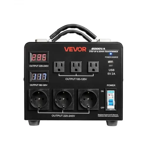 VEVOR Spannungswandler Transformator, 6000 VA, Aufwärts-/Abwärtstransformator, 110 V auf 220 V & 220 V auf 110 V, mit 3 US-Steckdosen, 3 EU-Steckdosen, LCD-Display, Schutzschalter – Bild 8