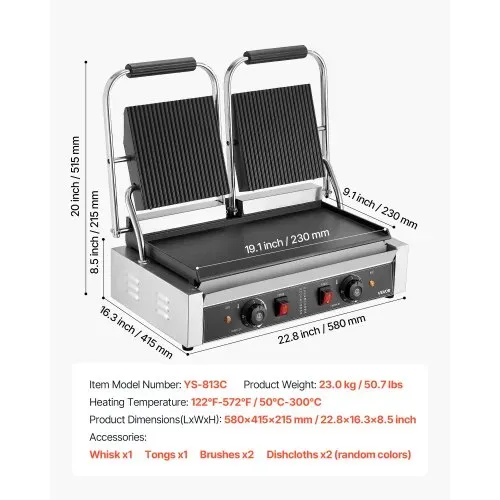 VEVOR kommerzieller Panini-Grill Kontaktgrill 3600 W für Sandwiches Steak Bacon Hamburger, Sandwichmaker Pressgrill aus Edelstahl mit Griff & Temperaturregelung & 48 x 23 cm Heizplatte, Paninipresse – Bild 6