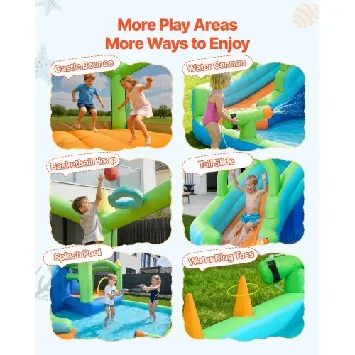 VEVOR Aufblasbare Wasserhüpfburg (344 x 374 x 213 cm), Hüpfburg mit Wasserrutsche & Hüpfburgelementen & Basketballkorb & Planschbecken & Wasserringwurfspiel, für 3–4 Kinder (3 bis 8 Jahre Alt) – Bild 2