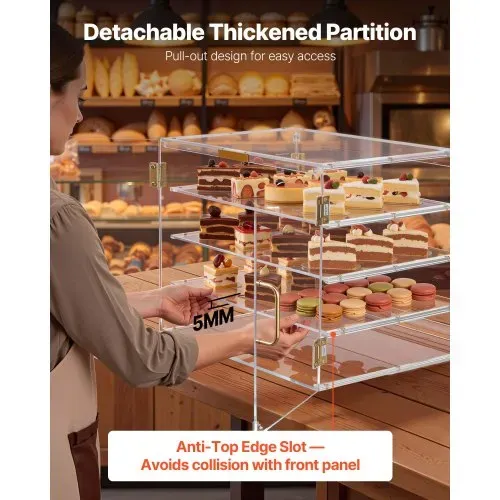 VEVOR Gebäckvitrine 4-stöckig, Gewerbliche Bäckereivitrine aus Transparentem Acryl, Thekenvitrine mit Magnetischer Rücktür & Abnehmbarer Trennwand für Kekse Desserts Donuts, 530 x 435 x 415 mm – Bild 4