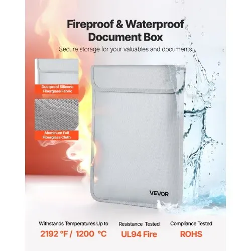 VEVOR feuerfeste Dokumententasche Aktentasche, 1200 °C wärmeisolierte, wasserfeste Dokumentenaufbewahrungstasche mit glattem Reißverschluss, tragbare & Geldtasche für wichtige Dokumente VEVOR feuerfeste Dokumententasche Aktentasche, 1200 °C wärmeisolierte, wasserfeste Dokumentenaufbewahrungstasche mit glattem Reißverschluss, tragbare & Geldtasche für wichtige Dokumente