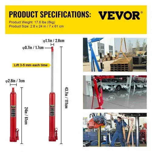 VEVOR Hydraulischer langer Rammheber, 4 t Tragfähigkeit, mit Einzelkolbenpumpe und flacher Basis, manueller Hubarbeitsbühnenheber mit Griff, für Garagen-/Ladenkräne, Motorhebevorrichtung, rot – Bild 6