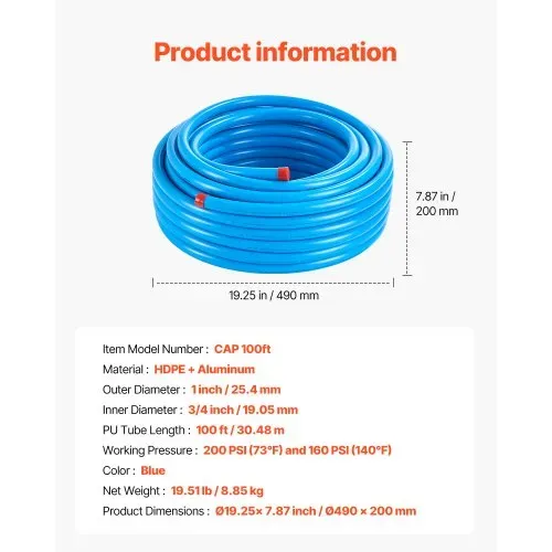 VEVOR Luftkompressor-Leitungssatz, 30,48 m x 19,05 mm Druckluftschlauch, HDPE-Aluminium-Druckluftrohrsystem, auslaufsicher, Druckluftleitungs-Schlauchsatz für Garagen und Werkstätten, blau – Bild 6