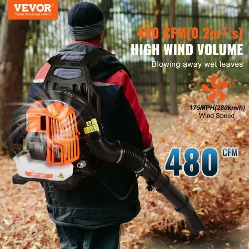 VEVOR Laubbläser als Rucksack, 52 CC 2-Takt-Benzin-Laubbläser mit 1,37 l Kraftstofftank, 480 CFM Luftvolumen, 175 MPH Geschwindigkeit, ideal für Rasenpflege, Laubreinigung und Schneeräumung VEVOR Laubbläser als Rucksack, 52 CC 2-Takt-Benzin-Laubbläser mit 1,37 l Kraftstofftank, 480 CFM Luftvolumen, 175 MPH Geschwindigkeit, ideal für Rasenpflege, Laubreinigung und Schneeräumung