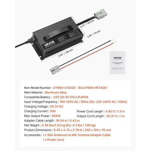 VEVOR 24 V 20 A Lithium-Batterieladegerät, 29,2 V, DC Ladespannung, mit Anderson-Anschluss, LED-Anzeige, 0-V-Aktivierung, für Lithium-LiFePO4-Deep-Cycle-Akkus von Booten, Wohnmobilen – Bild 6