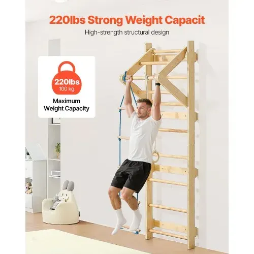 VEVOR schwedische Leiterwand 4 in 1 8-stufiges Kletterspielzeug aus Massivholz 100 kg belastbares Indoor-Klettergerüst mit Turnringen Klimmzugstange Strickleiter Wandleiter – Bild 4