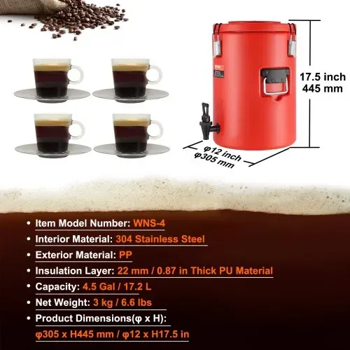VEVOR Heiß- und Kaltgetränkespender Getränkespender 6 L, Edelstahl Heiß- und Kaltwasserbrunnen Großer Getränkespender mit Zapfen für Kaffee, Kalte Milch, Wasser, Saft usw. Isolierkanne Rund – Bild 6