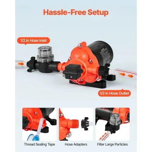 VEVOR Membranpumpe, 12 V DC, 15,1 L/min, selbstansaugende 3-Kammer-Membranwasserpumpe mit automatischem Druckschalter, 2,75 bar Druck, für Wohnmobil, Wohnwagen, Schiff, Yacht, Autowäsche – Bild 3