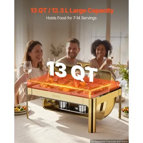 VEVOR Chafing Dish Set 12,3 L Edelstahl Warmhaltebehälter Buffets 1 Stück für Hochzeiten & Partys, Transparenter Rolldeckel mit 90°/180° Öffnung, 1 Große und 3 Kleinere Behälter, Zange, Glasschale – Bild 2