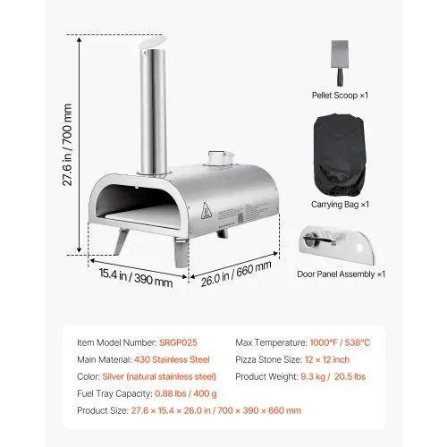 VEVOR Pizzaofen Outdoor 12 Zoll Pellet-Pizzaofen, tragbarer Pizzaofen mit eingebautem Thermometer & holzbefeuerter & Pizzastein & Schaufel & Tragetasche Pizzamaker aus Edelstahl, für Garten Camping – Bild 6