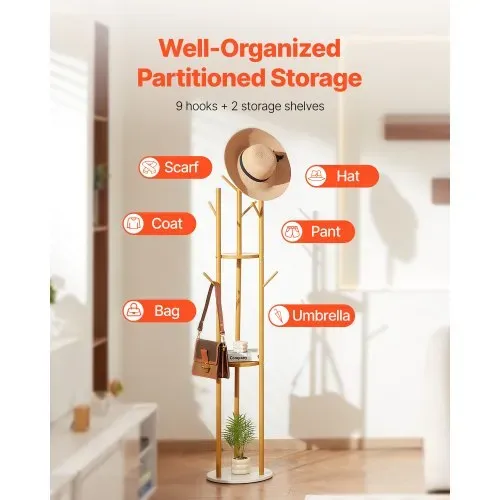 VEVOR Garderobenständer 340x340x1700 mm, Kleiderständer mit Quarzsteinsockel & 9 Haken, Jackenständer Baumform für Eingangsbereich, Büro, Wohnzimmer, Kleiderbügel für Mantel, Hut, Schal, Tasche – Bild 4