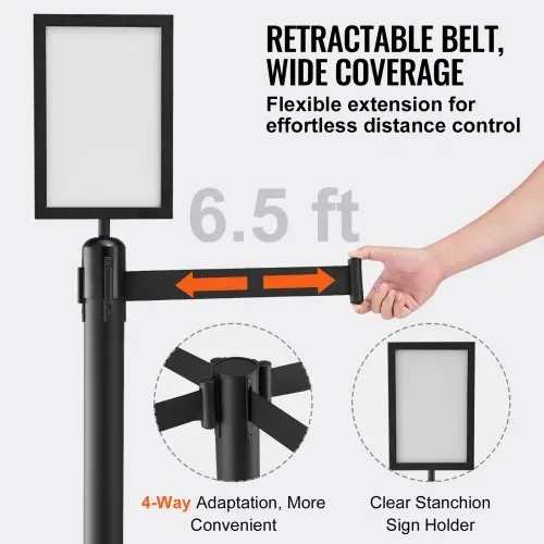 VEVOR Personenleitsystem Absperrband Absperrständer 6-teilig, 2 m x 48 mm Schwarzer Einziehbarer Gürtel, Personenleitsystem Absperrpfosten mit Schildern für Flughäfen, Messen, Wettkampforte usw. – Bild 3