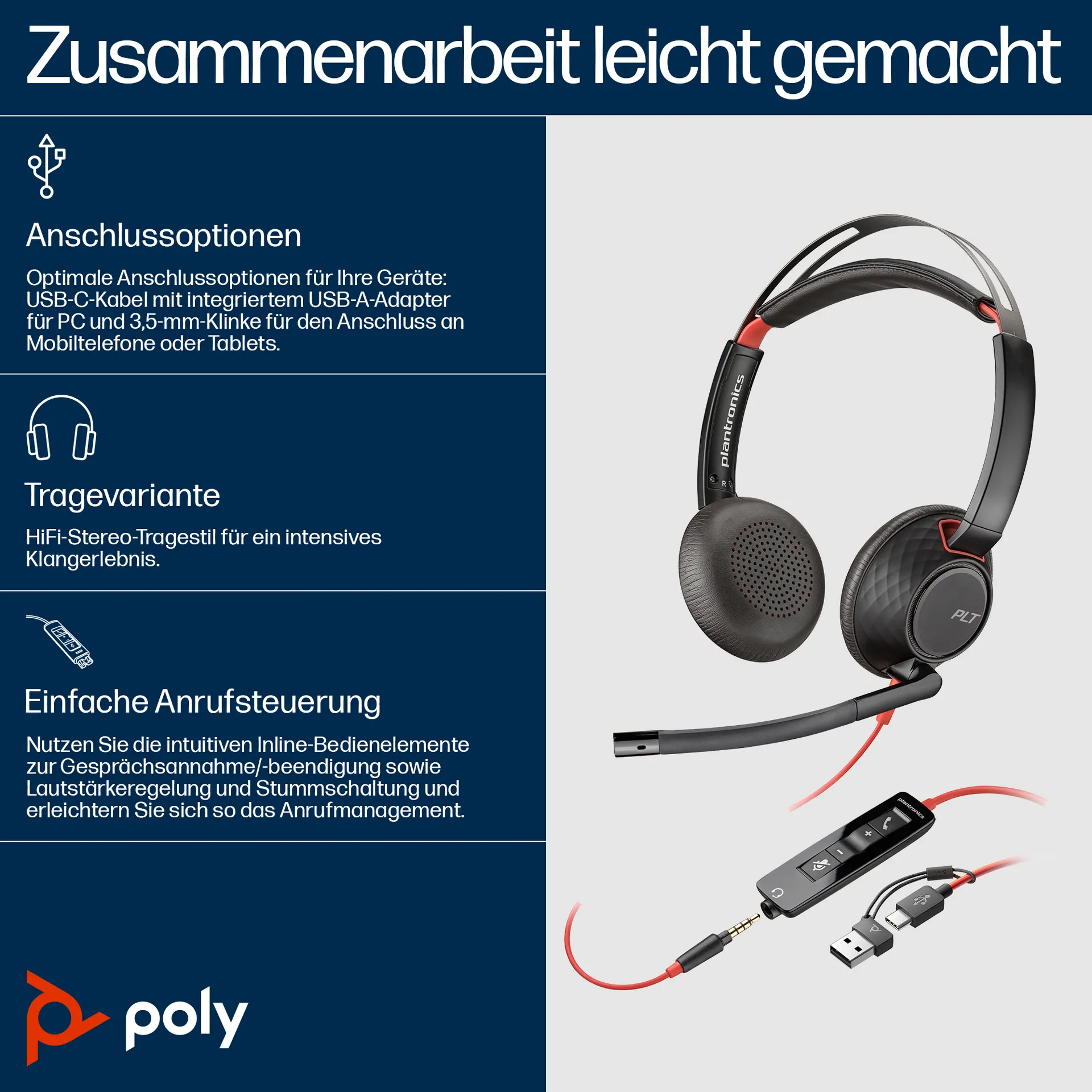 HP Poly Blackwire 5220 USB-C Stereo-Headset + 3.5-mm-Stecker + USB-C/A-Adapter – Bild 2
