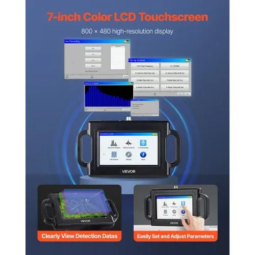 VEVOR Rohr-Wasserleckdetektor, 1 Hz–5000 Hz, 7-Zoll-Touchscreen, Lecksuchgerät für Rohrleitungen mit 2 m Tiefe – mit Sensor, 3 Abhörstäben, Kopfhörer, 8-GB-Karte und Tragetasche – Bild 2