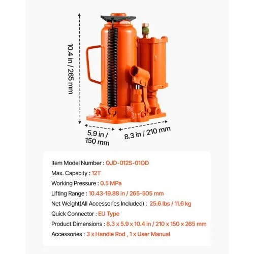 VEVOR lufthydraulischer Flaschenheber mit 12 t Tragkraft & Hubbereich 265–505 mm, pneumatisch/manuell, geschweißter Stempelwagenheber mit Pumpe für SUV Pickup Lkw PKW-Reparaturen, Orange – Bild 6