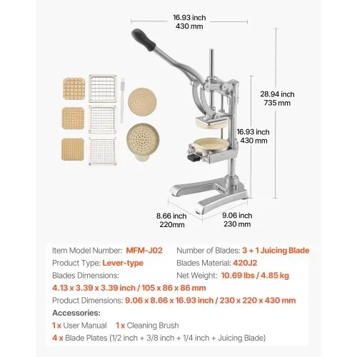 VEVOR kommerzieller Pommes-Frites-Schneider, Gemüseschneider Obstschneider Edelstahl mit 3 Ersatzklingen (12,7/9,525/6,35 mm) und einer Entsafterklinge, manueller Kartoffelschneider Pommesschneider – Bild 6