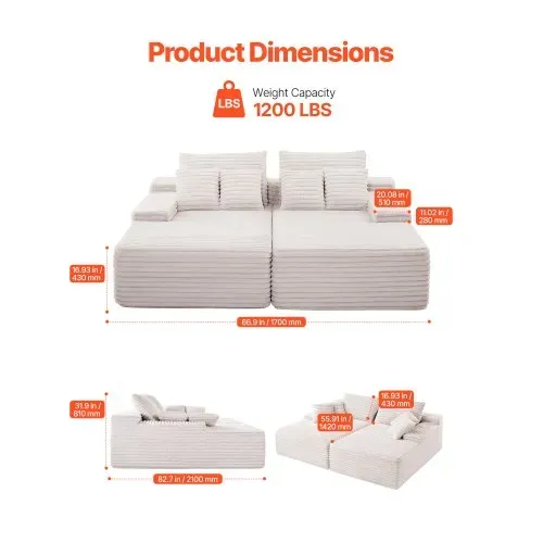 VEVOR übergroße Doppel-Chaiselonguen (210 cm) Cord-Sofa, gemütliches Zweiersofa mit tiefer Sitzfläche & weichen Kissen & Dekokissen für Wohnzimmer und Schlafzimmer, Schlafsofa 2 Personen Beige – Bild 2