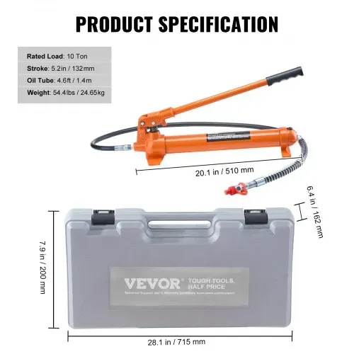 VEVOR Hydraulikzylinder Bausatz, tragbarer hydraulischer Wagenheber 10 t, mit 1,4 m Ölschlauch, Autokarosserierahmen-Reparaturset mit Aufbewahrungskoffer für Autoreparatur, Lkw, Bauernhof, Orange – Bild 6