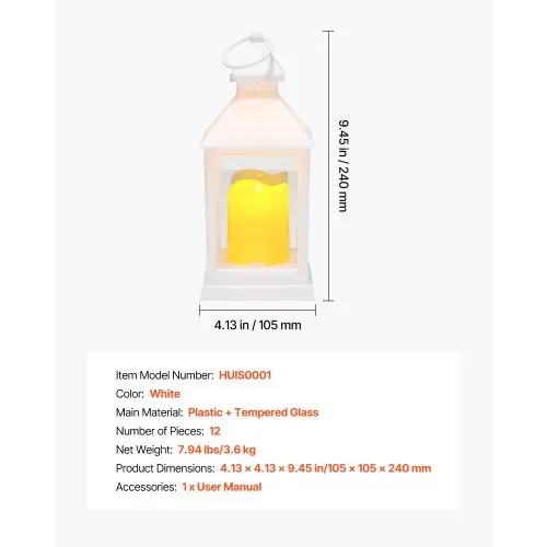 VEVOR 12er-Pack dekorative Kerzenlaternen, elektrische LED-Kerzen ohne Flamme, Halter aus Kunststoff mit Glas, Wandbehang für Veranda, Hochzeitstische, Partys, Bauernhäuser, Weiß, 105x105x240 mm – Bild 6