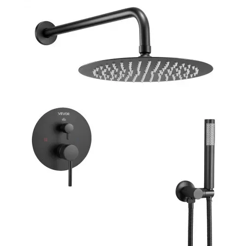 VEVOR Duscharmatur Regenduschsystem fürs Badezimmer Duschsystem mit 254 mm runden Regenduschkopf & Handbrause, wandmontierte Badezimmerarmaturen mit Messingventil & Zierset, Mattschwarz – Bild 9