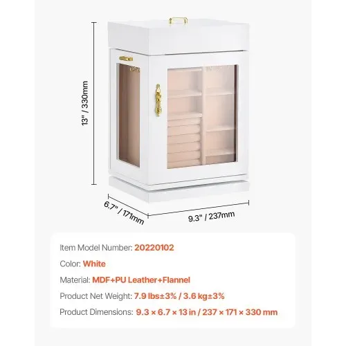 VEVOR Schmuckkästchen 360° drehbarer Schmuckkasten mit magnetischer Tür & Acrylfenster & 4 integrierten Halskettenhaken, Aufbewahrungskoffer mit Metallgriffen, Bodenpolster & weichem Samtfutter – Bild 6