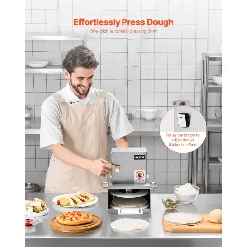 VEVOR elektrische Pizzateigpresse mit 15,24 cm Gebäck-Pressplatte, Brotpresse aus Edelstahl, kommerzielle Formmaschine mit einstellbarer Dicke & 100 Stk. Pergamentpapier, Pizza-Teigrolle – Bild 2