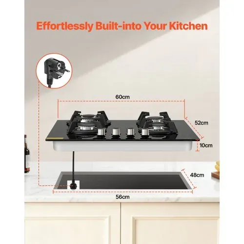 VEVOR Gaskochfeld 60 cm, Einbau-Kochfeld (4 Zonen) aus Gehärtetem Glas, Umrüstbar auf Flüssiggas (LPG) und Erdgas (NG), Kochfeld mit Thermoelement-Überwachung zum Anbraten Schmoren Kochen VEVOR Gaskochfeld 60 cm, Einbau-Kochfeld (4 Zonen) aus Gehärtetem Glas, Umrüstbar auf Flüssiggas (LPG) und Erdgas (NG), Kochfeld mit Thermoelement-Überwachung zum Anbraten Schmoren Kochen