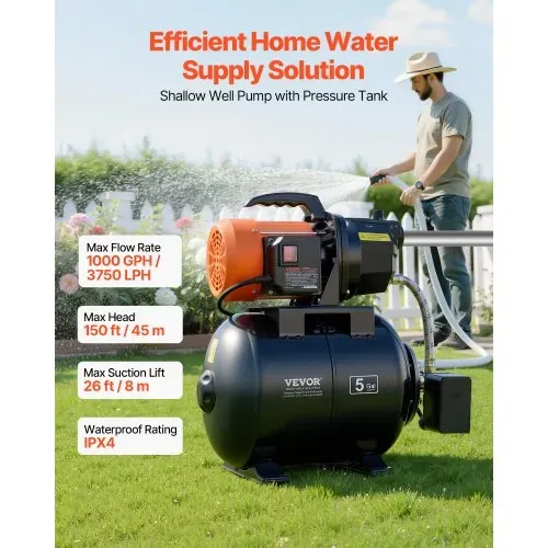 VEVOR Hauswasserwerk 735 W, 3750 L/h Jetpumpe mit 19 L Druckbehälter, 45 m Förderhöhe, inkl. Automatischem Wasserfördersystem & Gusseisenpumpenkopf, zur Gartenbewässerung & Hauswasserversorgung VEVOR Hauswasserwerk 735 W, 3750 L/h Jetpumpe mit 19 L Druckbehälter, 45 m Förderhöhe, inkl. Automatischem Wasserfördersystem & Gusseisenpumpenkopf, zur Gartenbewässerung & Hauswasserversorgung