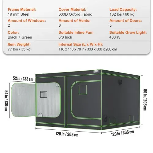 VEVOR Growbox 305 x 305 x 203 cm Gewächshaus aus 19 mm Stahl-Rahmen und 600D Oxford-Gewebe Growtent 60 kg Tragfähigkeit Growschrank Geeignet für 400 W Wachstumslicht Indoor Zuchtzelt – Bild 6