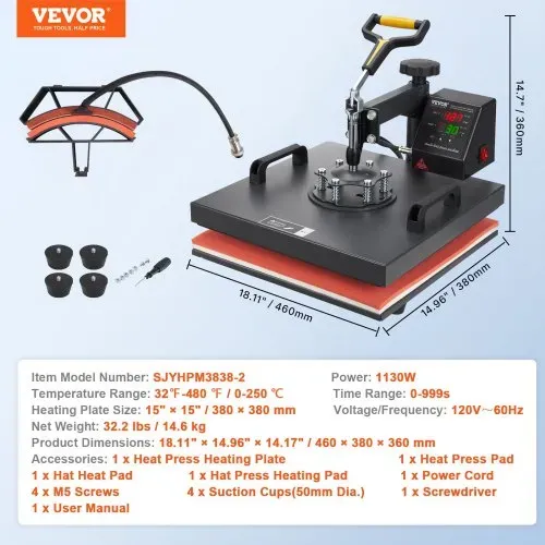 VEVOR Transferpresse 38 x 38 cm, Wärmepresse 220 V, Transferpresse 1200 W, Textilpresse 14 x 7,6 cm, Hemdenpresse Max. 250 °C, Sublimationspresse, Hobby T-Shirt Presse – Bild 6