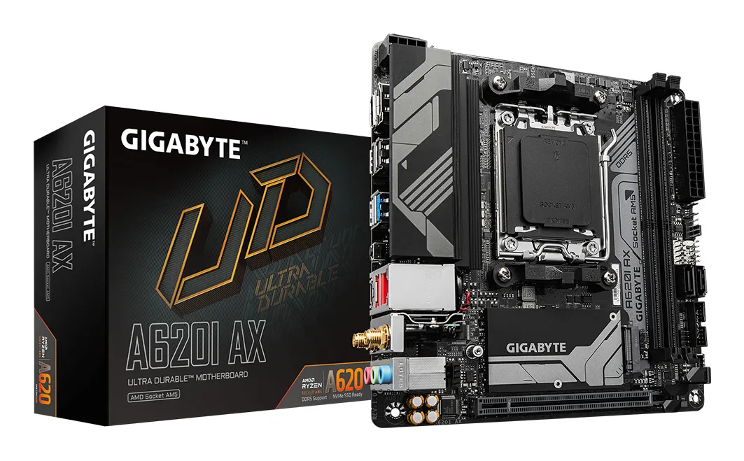 GIGABYTE A620I AX Motherboard – Unterstützt AMD Ryzen 8000 CPUs, 5+2+1 Phasen Digital VRM, bis zu 6400MHz DDR5 (OC), 1xPCIe 4.0 M.2, Wi-Fi 6E, 2.5GbE LAN, USB 3.2 Gen 2 GIGABYTE A620I AX Motherboard – Unterstützt AMD Ryzen 8000 CPUs, 5+2+1 Phasen Digital VRM, bis zu 6400MHz DDR5 (OC), 1xPCIe 4.0 M.2, Wi-Fi 6E, 2.5GbE LAN, USB 3.2 Gen 2