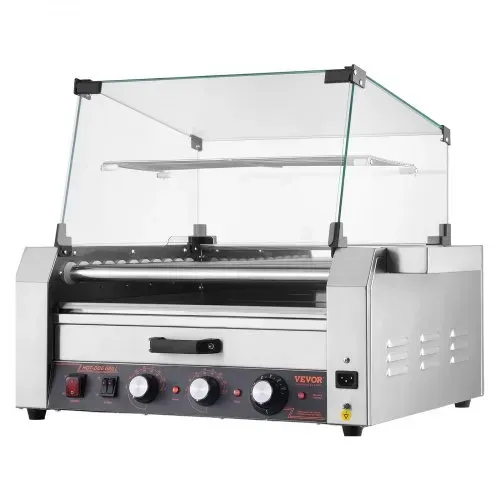VEVOR Hot Dog Grill Maschine 30 Hot dogs 11 Rollen Edelstahl, 2400 W, Elektrogrill mit Brötchenwärmer & Abdeckung (Glas + PC) & 3 Temperaturregler & seitlicher Aufbewahrungsbox & Ölauffangschale – Bild 9