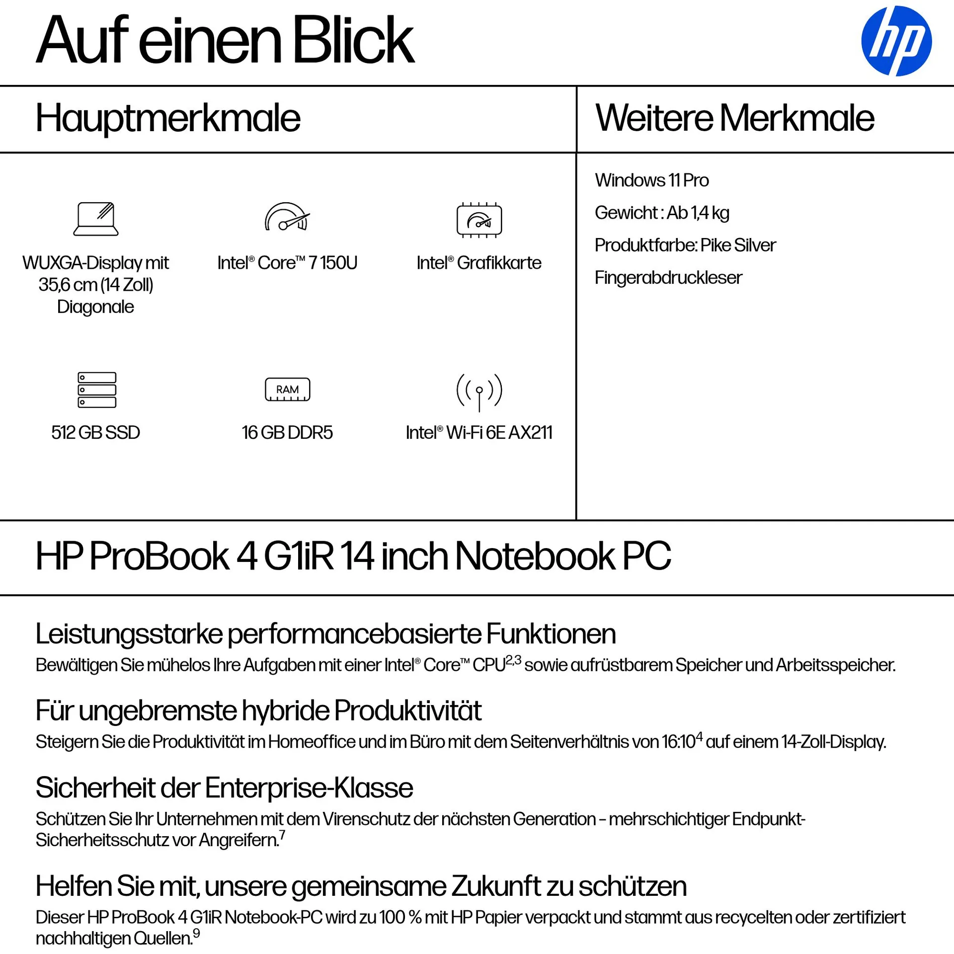 HP ProBook 4 G1iR Intel Core 7 150U Laptop 35,6 cm (14") WUXGA 16 GB DDR5-SDRAM 512 GB SSD Wi-Fi 6E (802.11ax) Windows 11 Pro Silber – Bild 4