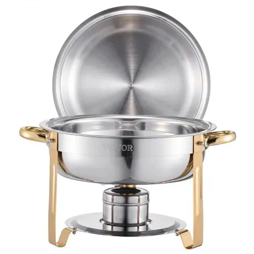 VEVOR Chafing Dish Buffet Speisenwärmer mit 4 Behältern in voller Größe (4,7 L pro), runder Catering-Wärmespender mit Deckel & Wasserpfanne & klappbarer Ständer, für Hochzeiten Partys Golden – Bild 8