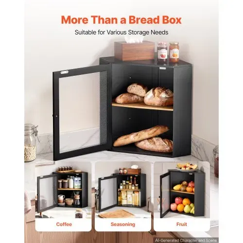VEVOR Eck-Brotkasten Acrylfenster Brotbox 321x321x427 mm Bambusholz Schwarz Ideal für Bagels, Muffins & Selbstgebackenes Brot, Magnetverschluss & 3-Stufig Höhenverstellbarer Einlegeboden, Belüftet – Bild 4
