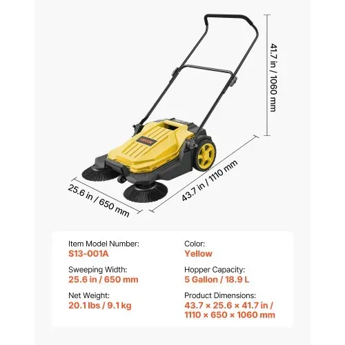 VEVOR Kehrmaschine Manuell, Handkehrmaschine mit 650 mm Arbeitsbreite, 18,9-L-Kehrbehälter & Verstellbarem Klappgriff, Bodenreinigungsmaschine für Höfe, Gehwege, Terrassen & Garagen – Gelb – Bild 6