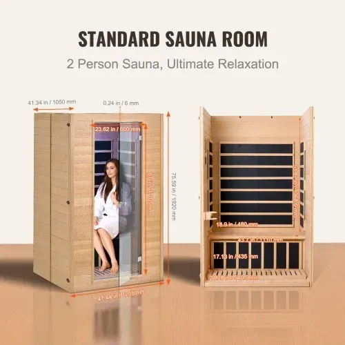 VEVOR 2-Personen-Ferninfrarotsauna, Heimsaunakabine aus Infrarot-Hemlockholz mit niedrigem EMF und gehärteter Glastür, Bluetooth-Lautsprecher, für den Innenbereich, 1800 W – Bild 5
