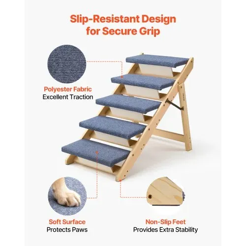 VEVOR Hundetreppe 780x470x660 mm, 5-stufige Hautiertreppe, klappbare Holztreppe geeignet für kleine, mittlere, große, ältere Haustiere sowie Welpen bis 68 kg, Hundeleiter für Betten, Sofas & Autos – Bild 3