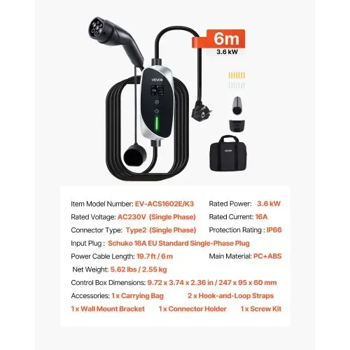 VEVOR Mobile Wallbox, 3,6 kW, 16 A, Typ 2 Ladestation, 1-Phasig-Ladegerät mit 6 m Ladekabel, Schuko-Stecker (16 A), LCD-Display, IP66-Steuereinheit, Stromversorgung für Elektrofahrzeuge – Bild 6