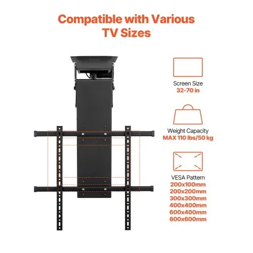 VEVOR motorisierte TV Deckenhalterung Halterung für 813 bis 1778 mm Fernseher, elektrischer verstellbarer herunterklappbarer Ständer mit max. VESA 60 x 60 cm, passend für Fernseher bis zu 50 kg – Bild 2