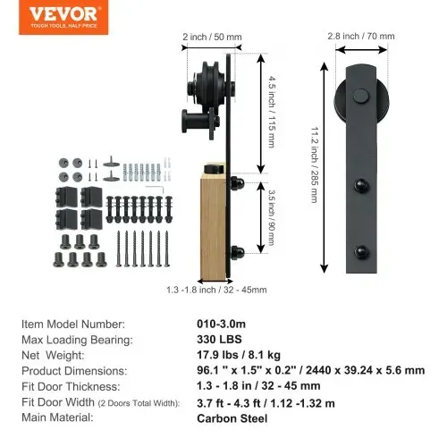 VEVOR 244cm Schiebetürbeschlag I-förmig Schiebetürsystem mit 2-teiligen Schienen 150kg Tragfähigkeit Laufschiene Ideal für Schiebetüren mit Türstärke von 32-45mm, Türbreite von 1,12-1,32m – Bild 6